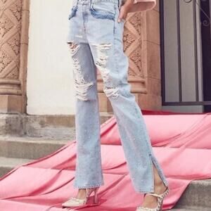Jonathan Simkhai Distressed Studded Pearl Straight-Leg Boyfriend Jeans 24